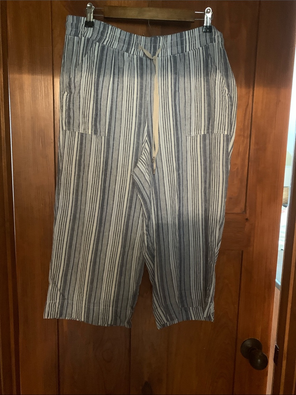 Striped Lightweight Drawstring Pants - Blue & White, size L